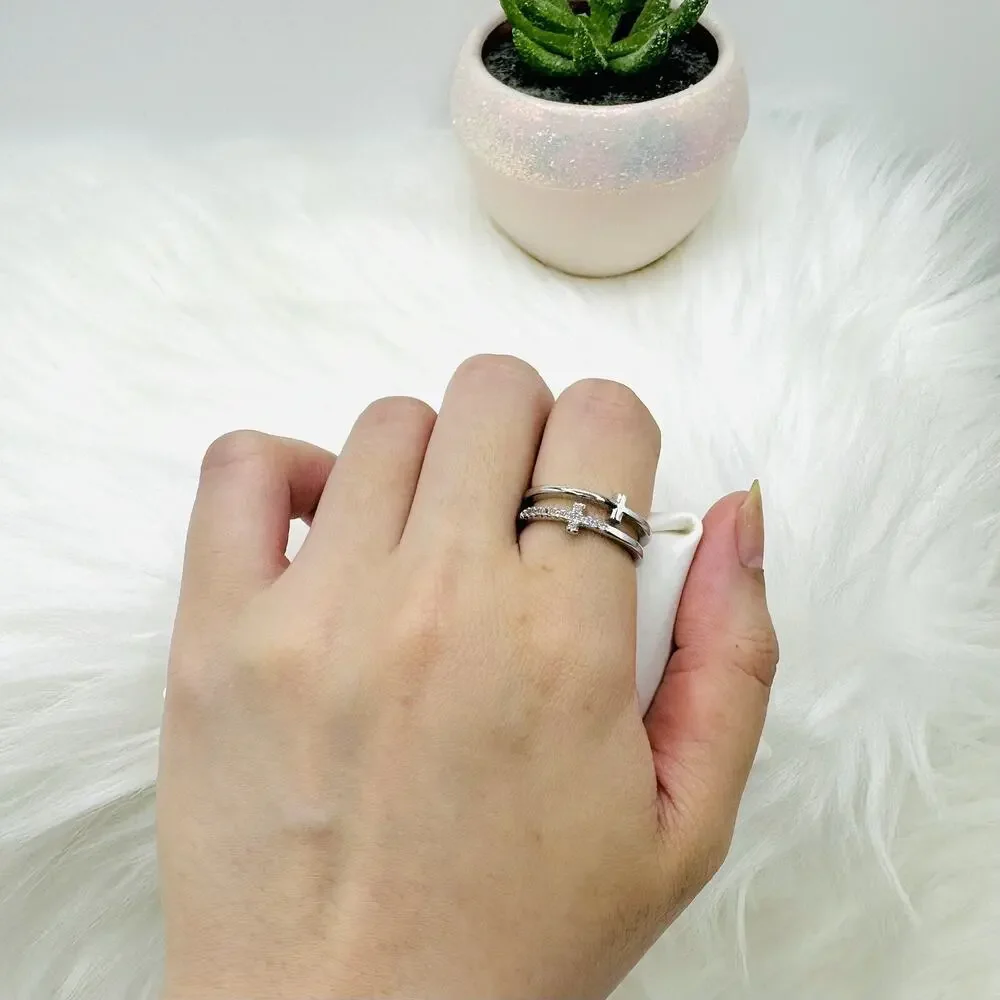 Silver Double Cross Rhinestones Ring Size 7